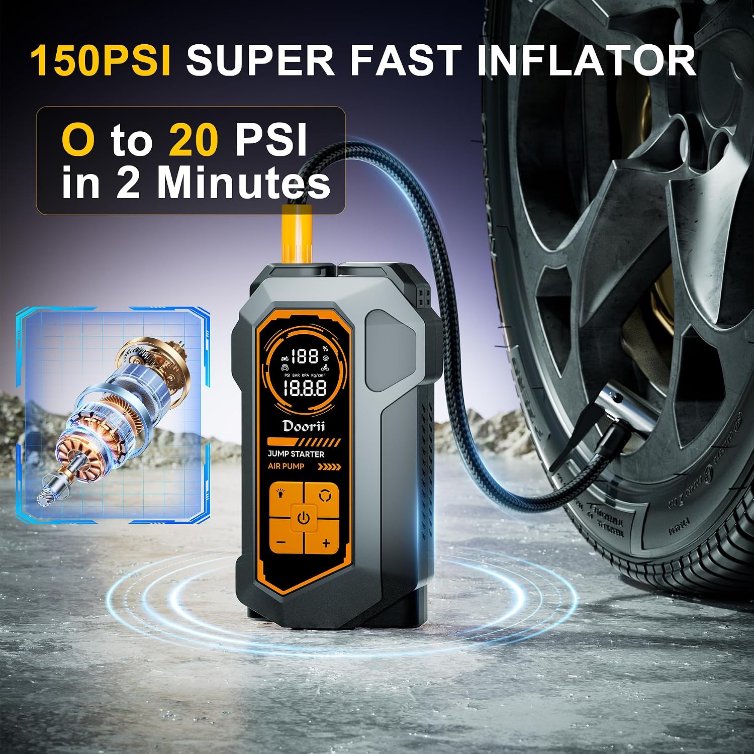 6000A Jump Starter with Air Compressor, 10-in-1 Car Jumper Starter Portable, 150PSI Tire Inflator/Air Pump, LED Flashlight for Up to 10.0L Gas / 8.0L Diesel Engines