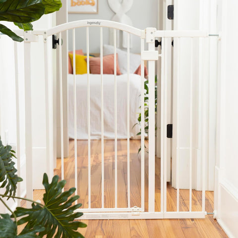 Ingenuity Extra Tall & Wide Safety Pet and Baby Gate, 29.5"-53" Wide, 38" Tall, Pressure or Hardware Mounted, Install on Wall or Banister in Doorway or Stairway, Auto Close Walk-Thru Door - White