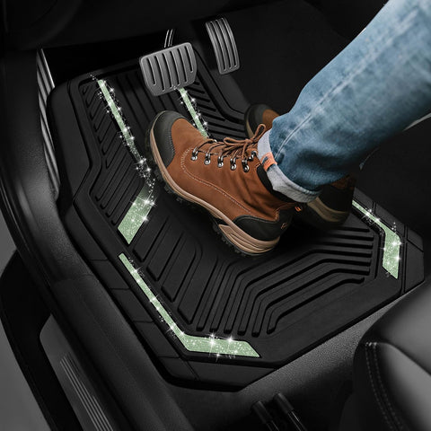 PIC AUTO Car Floor Mats, Green Sparkly Crystal Bling Glitter Car Mats Set, Front and Rear Heavy Duty Rubber Car Mats with Anti-Slip Backing, All Weather, Trim-to-Fit for Automotive SUVs, Sedan, Vans