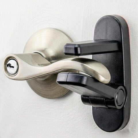 Door Lever Lock (4 Pack) Prevents Toddlers from Opening Doors. 3.25" L * 1.5" W * 4.5" H Easy One Hand Operation for Adults. Durable ABS with 3M Adhesive Backing. Simple Install (Black)