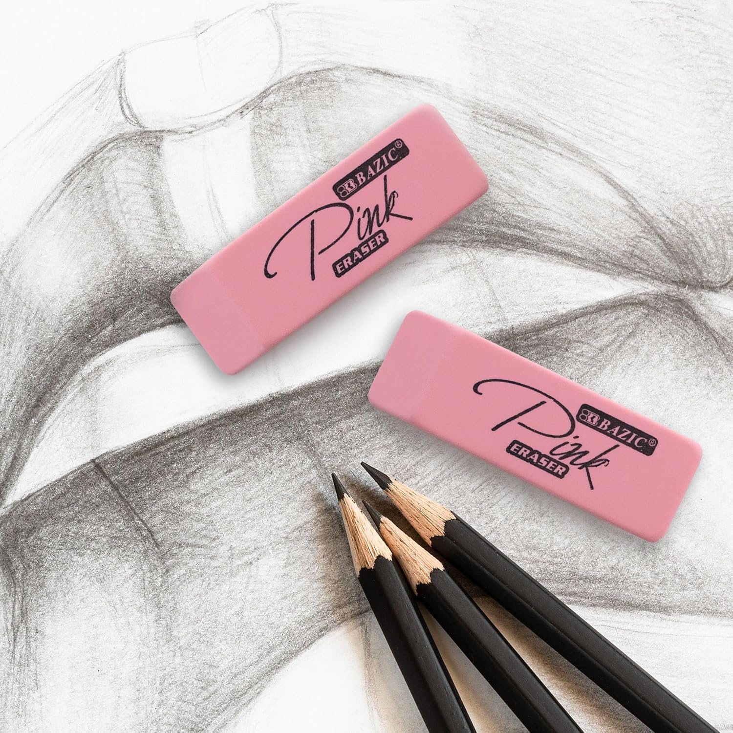 BAZIC Products Pink Bevel Block Erasers, Latex-Free, PVC-Free, 24-Box