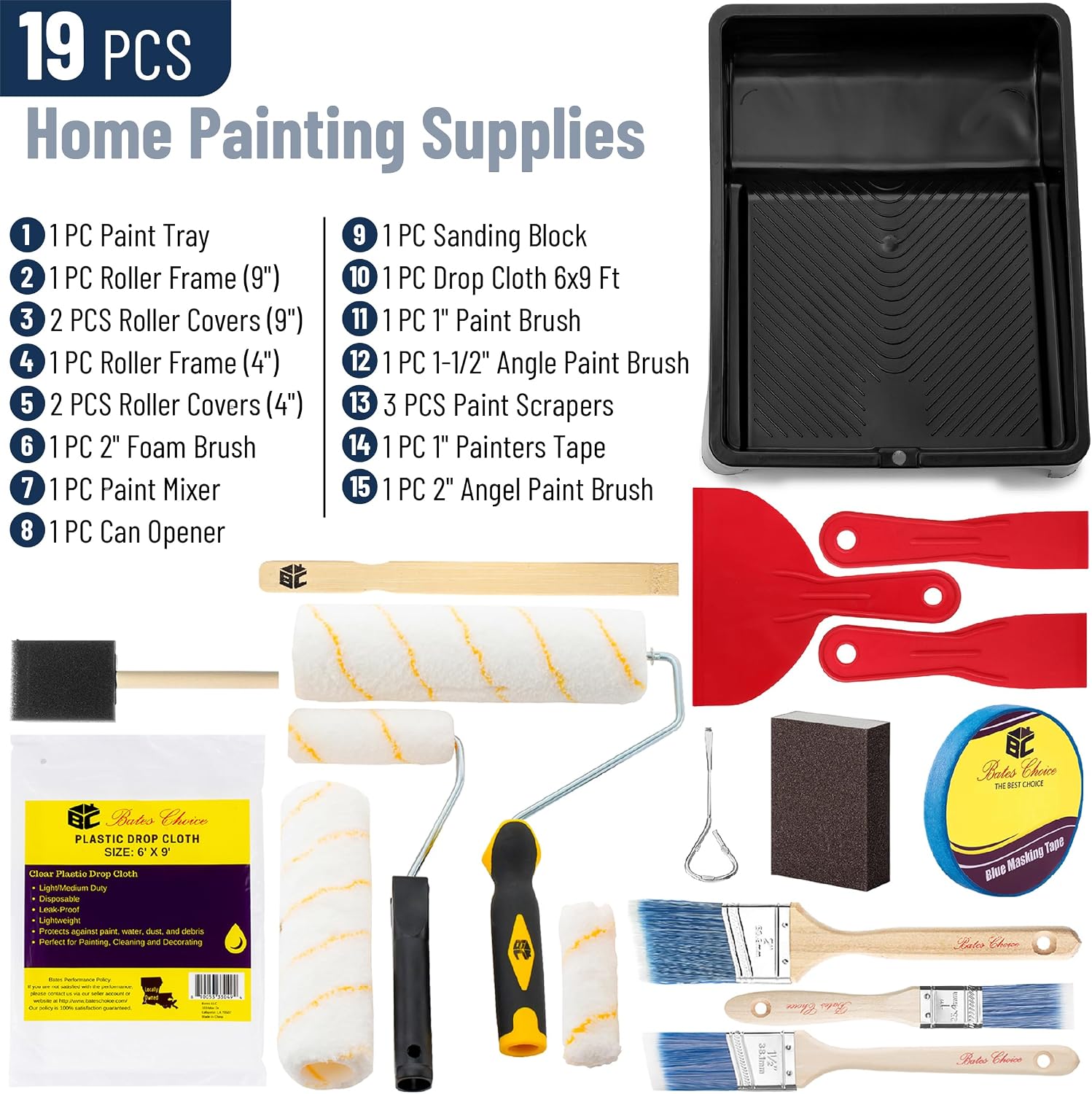 Bates- Paint Roller Kit, 19 pcs, Roller Set with Microfiber Sleeves & Frame