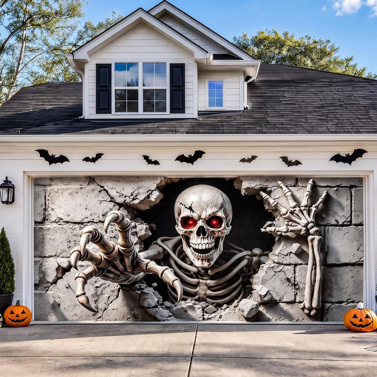 16 x 7 FT Halloween Garage Door Cover,Large 3D Skeleton Halloween Backdrop