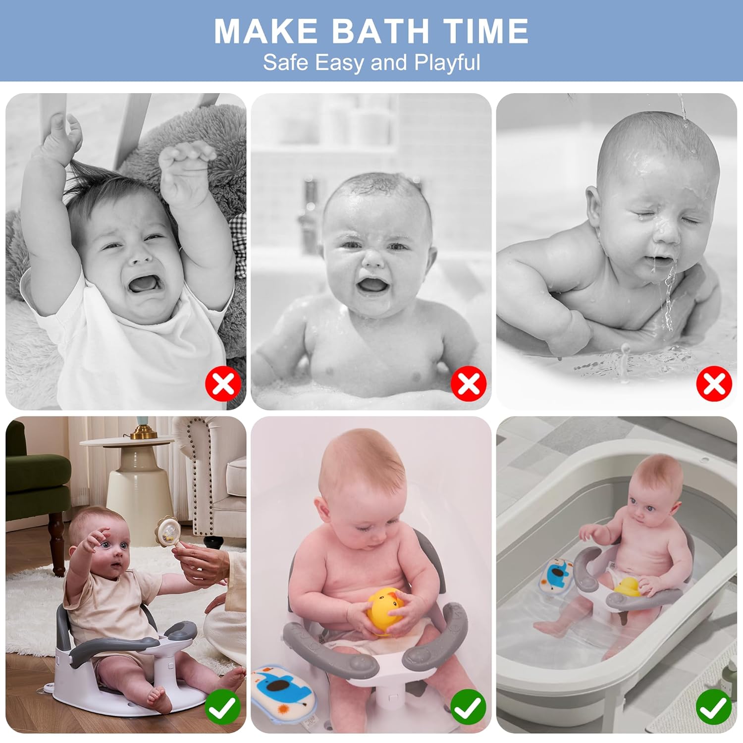 Baby Bath seat for Babies 6 Months & up, 360° Stable Toddler Bath Chair with one-Touch Button, Back Hollow Design, Water Temperature Card & 4 Suction Cups for Safety (Gray)