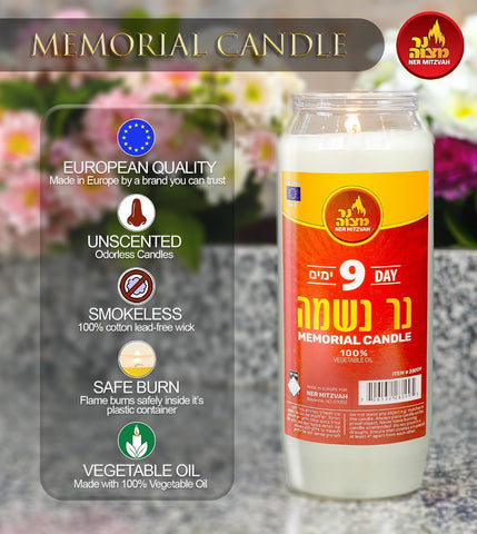 Ner Mitzvah 9 Day Yartzeit Candle - Kosher Yahrtzeit Memorial and Yom Kippur Candle in Plastic Holder