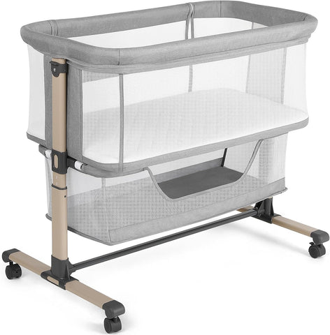 Cowiewie Bassinet Bedside Sleeper, Breathable and Adjustable, Light Grey