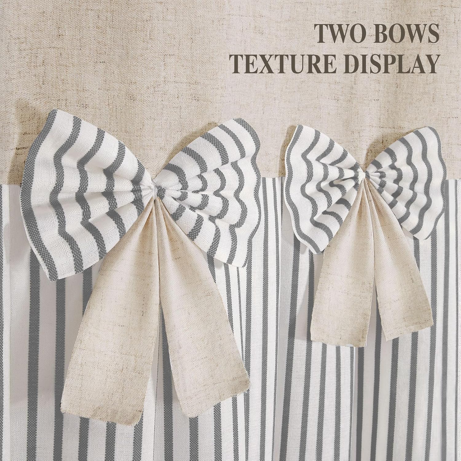 Farmhouse Shower Curtain Linen Bow Pleated Grey Stripe 72"W x 72"L