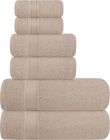 Belizzi Home Ultra Soft 6 Pack Cotton Towel Set, Contains 2 Bath Towels 28x55 inch, 2 Hand Towels 16x24 inch & 2 Wash Coths 12x12 inch, Ideal Everyday use, Compact & Lightweight - Tan