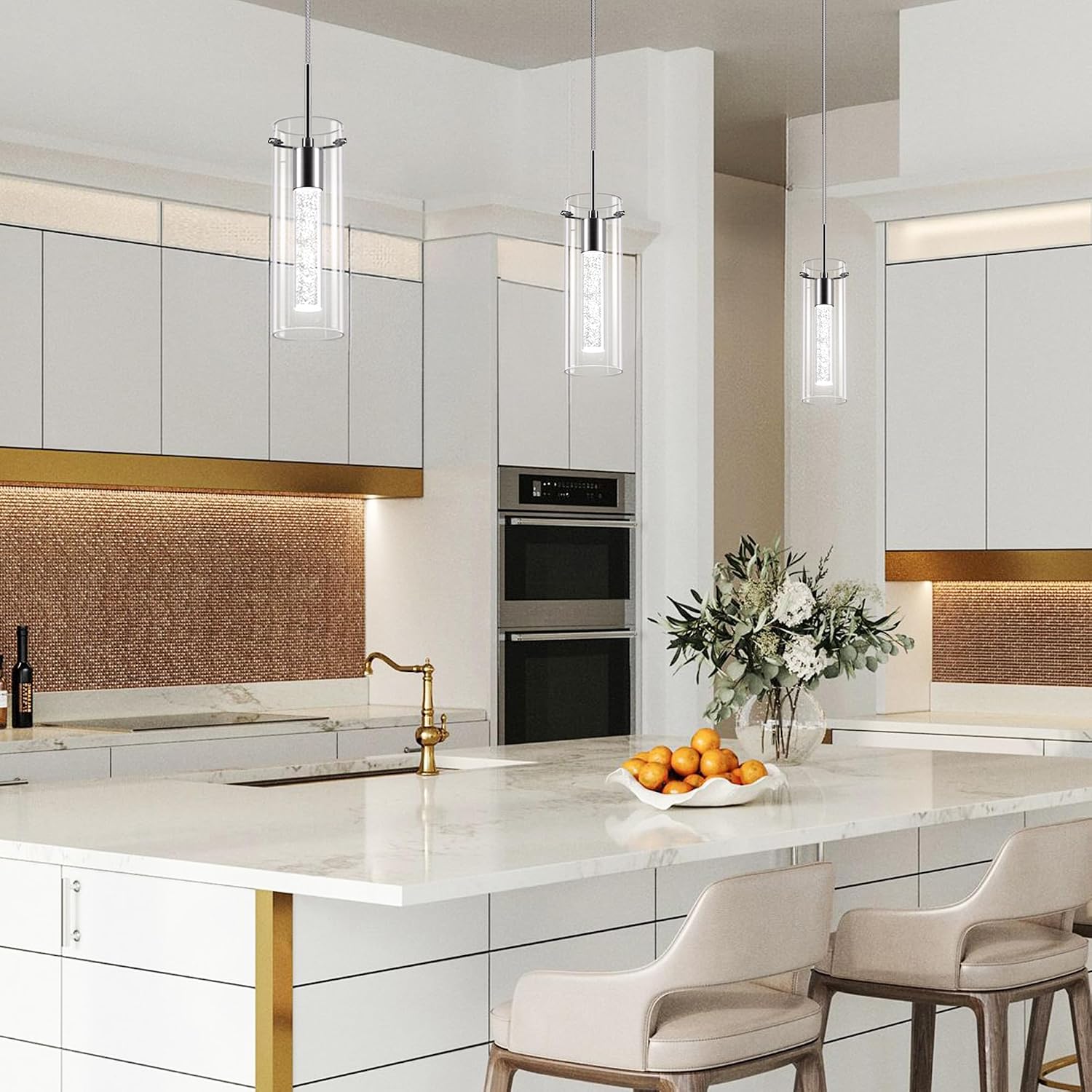 LED Crystal Pendant Lights for Kitchen Island, Brushed Nickel, 3 Pack