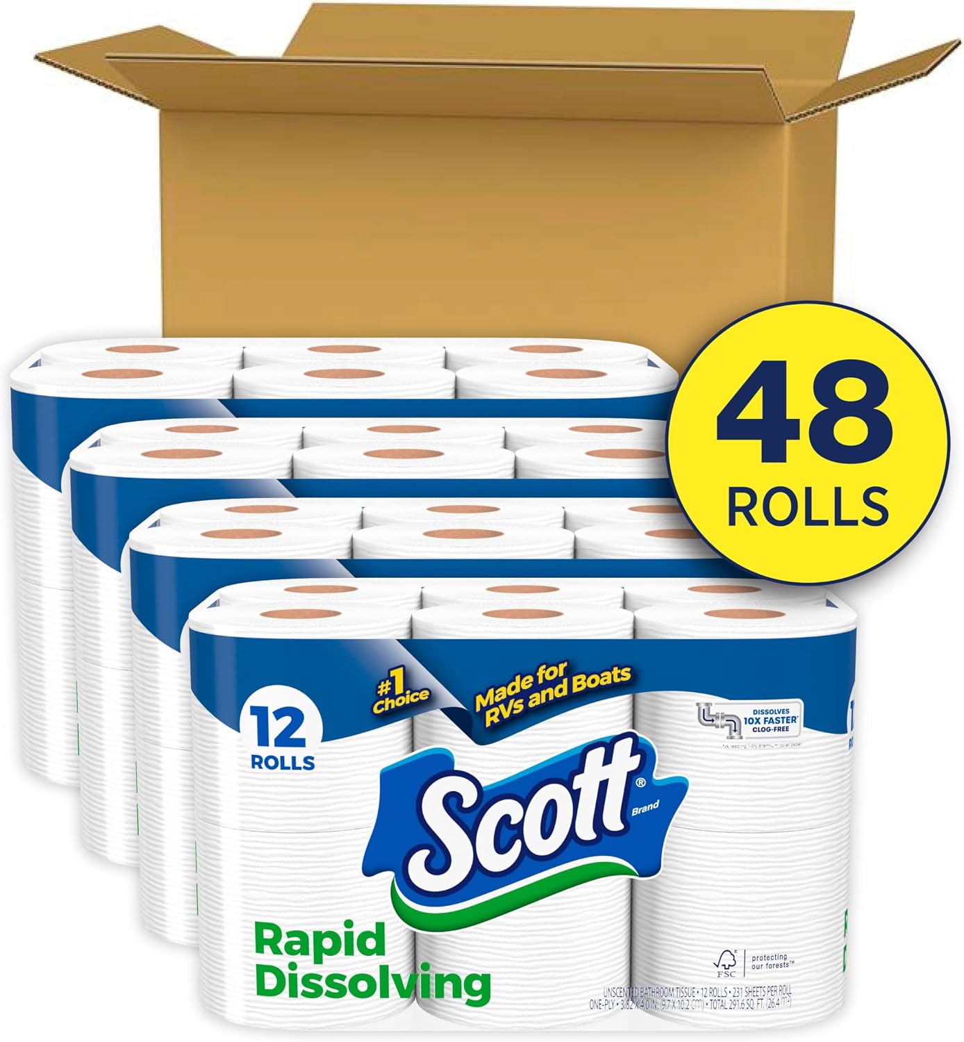 Scott Rapid-Dissolving Toilet Paper, 48 Double Rolls, Septic-Safe, Toilet Paper