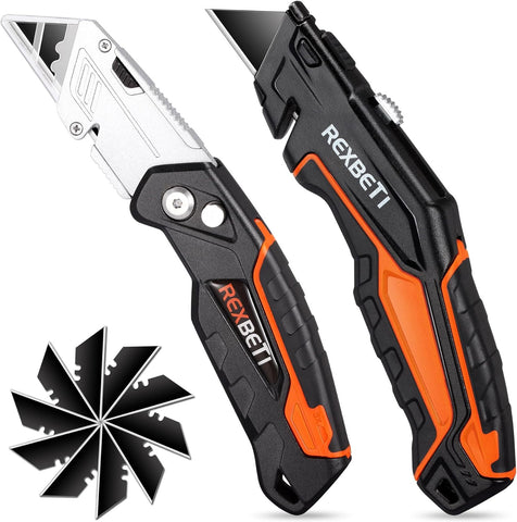 REXBETI Box Cutter 2-Pack, Utility Knife with Blade Storage, 18 Blades