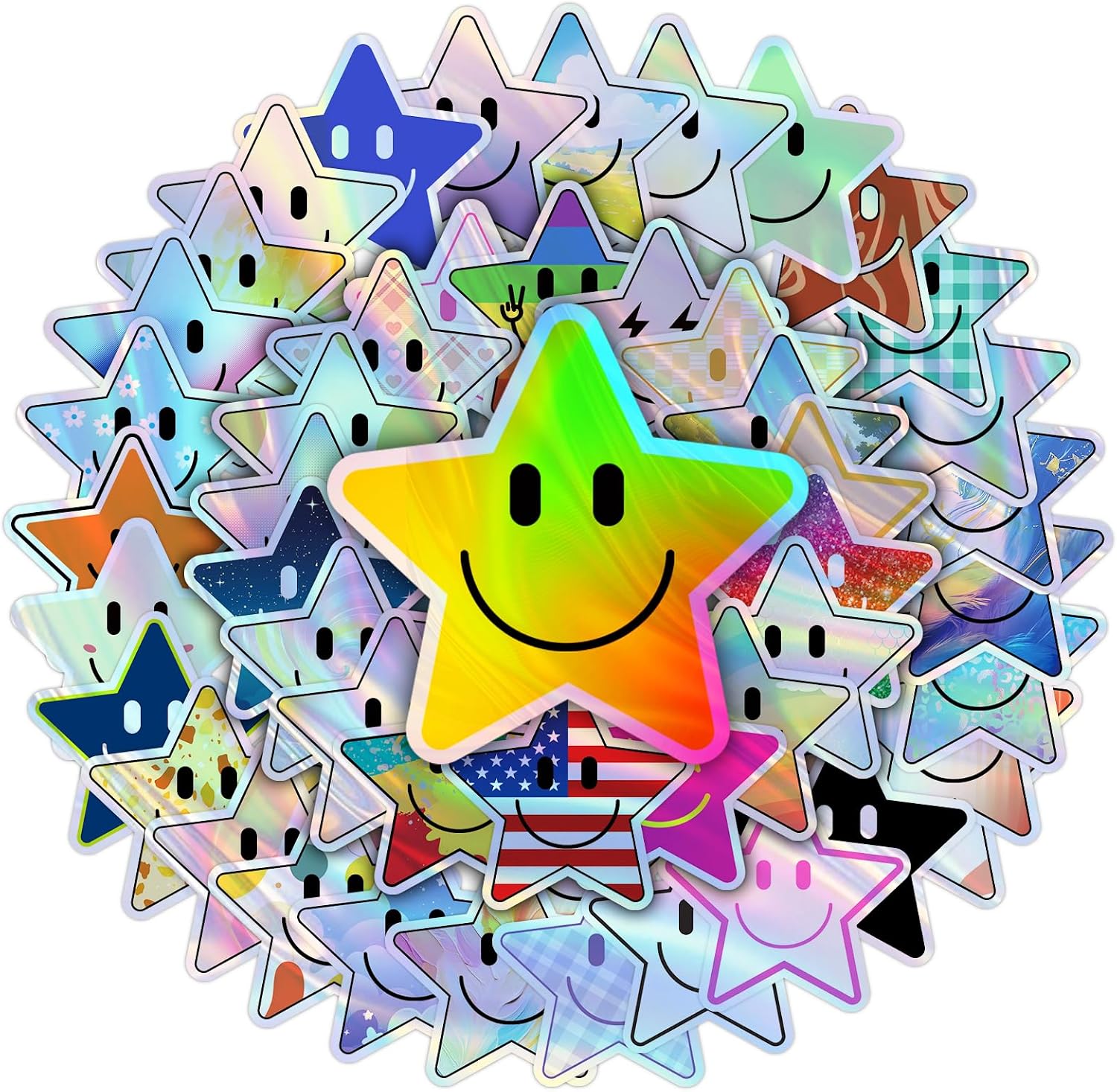 50PCS Smile Holographic Stickers, Star Stickers