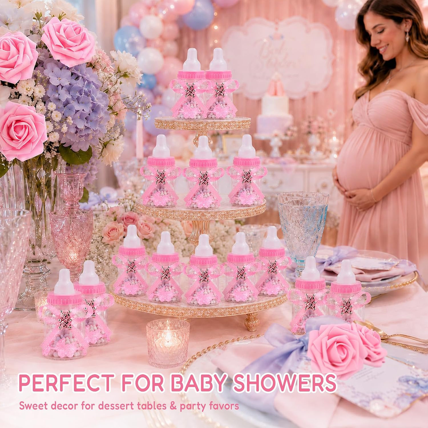 24Pcs Baby Bottle Candy Boxes 3.5" +5 Artificial Roses Baby Shower Favors