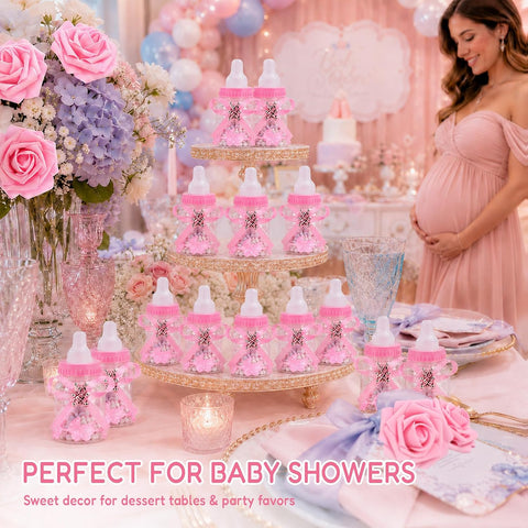 24Pcs Baby Bottle Candy Boxes 3.5" +5 Artificial Roses Baby Shower Favors