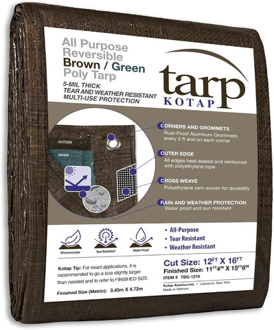 Kotap 12 x 16 Ft. All-Purpose Multi-Use Protection/Coverage 5-mil Poly Tarp, Reversible, Waterproof, Brown/Green, (TBG-1216)