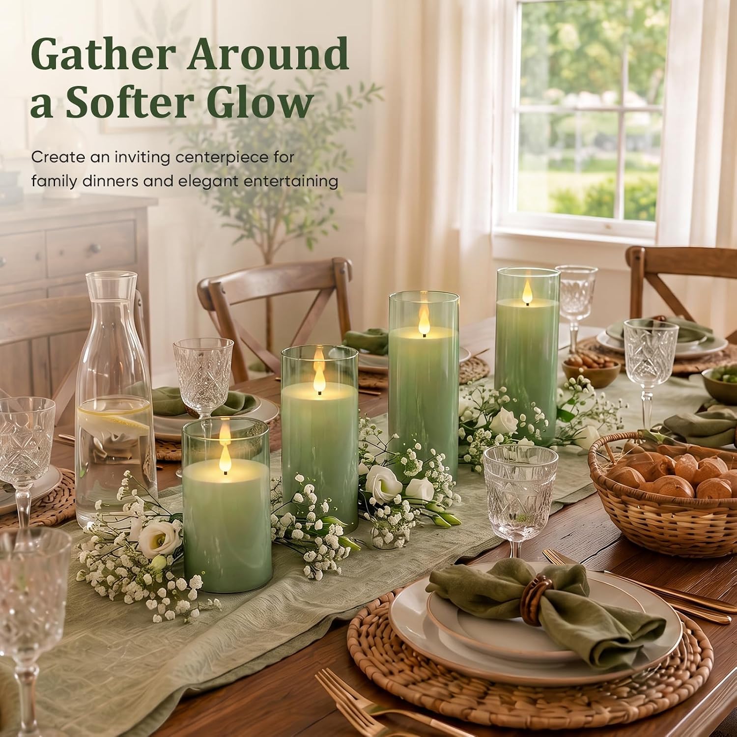 Homemory Sage Green Flameless Candles, Acrylic LED Pillar Candles with Remote Timer, Set of 5