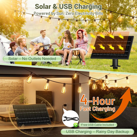 200FT Solar String Lights Outdoor Waterproof 72+2 LED Bulbs, Solar Powered with Remote & USB Port, 3 Light Modes Dimmable Patio Lights for Large Backyard, Garden, Party