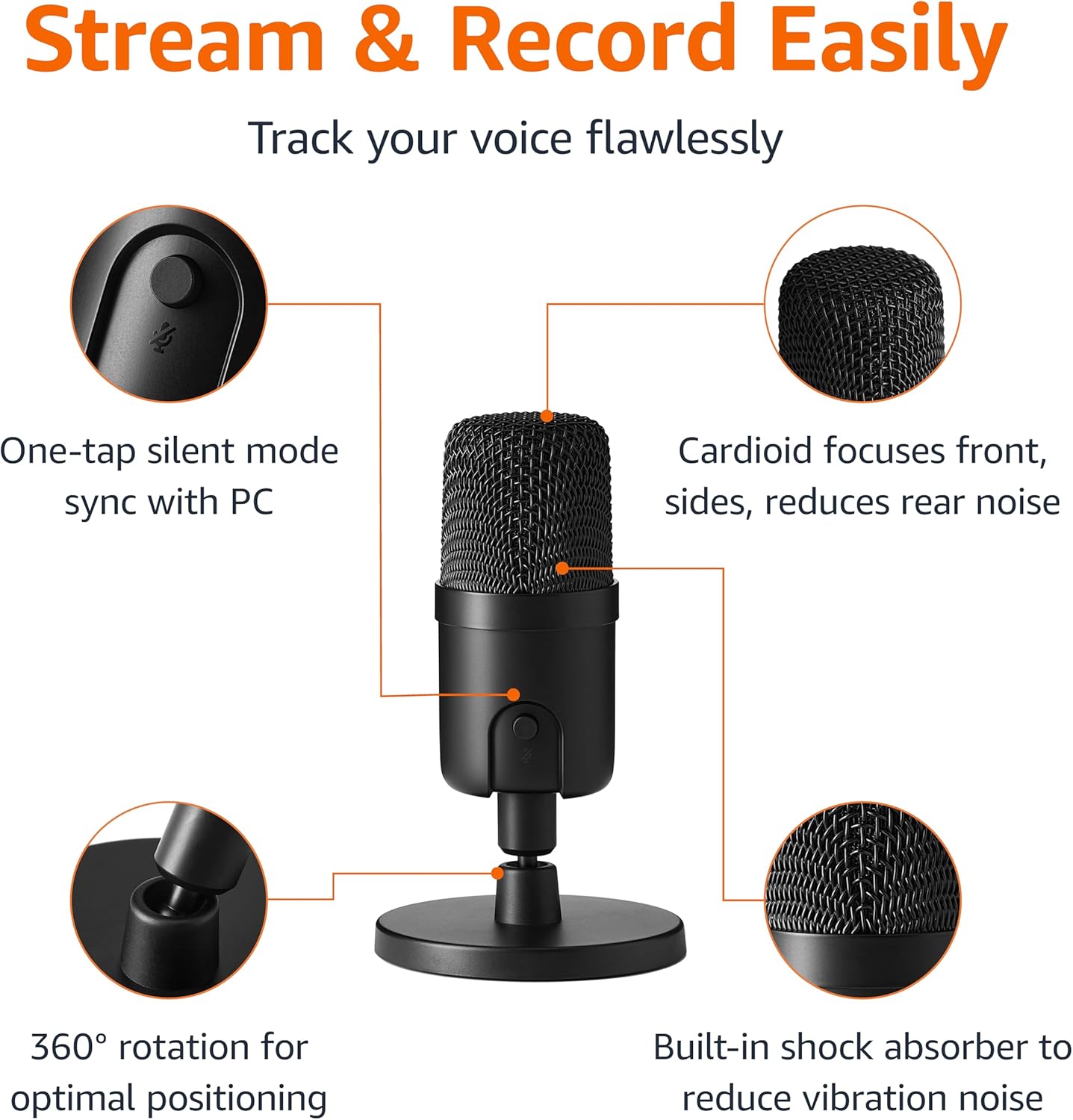 Amazon Basics Condenser Microphone for PC, Cardioid Pickup, USB Mic for Streaming, Recording, and Podcasting, 360° Adjustable Stand, Plug and Play, 5.8" x 3.4", Black