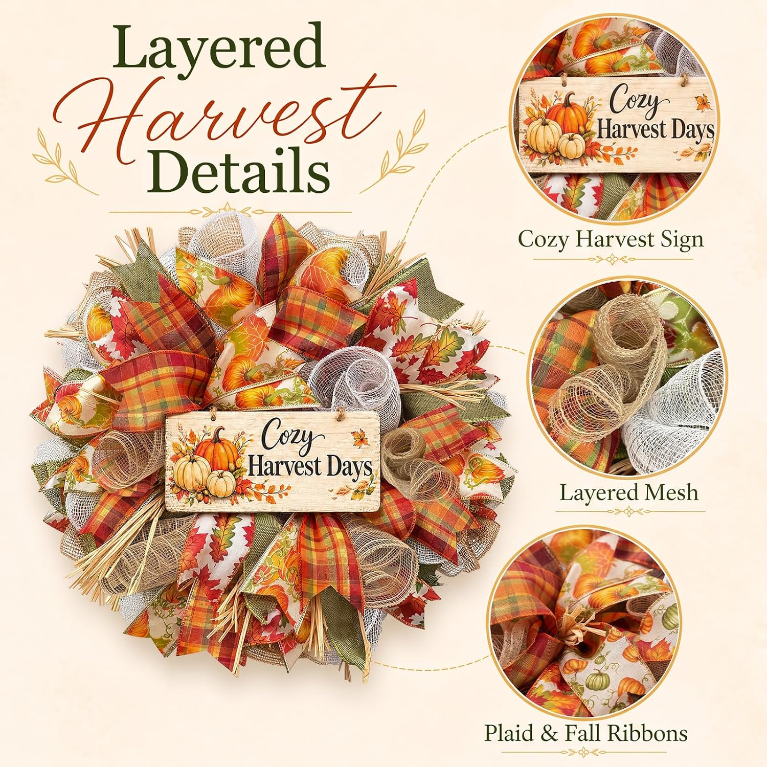 20 Inch Fall Wreaths for Front Door with Layered Plaid Ribbons