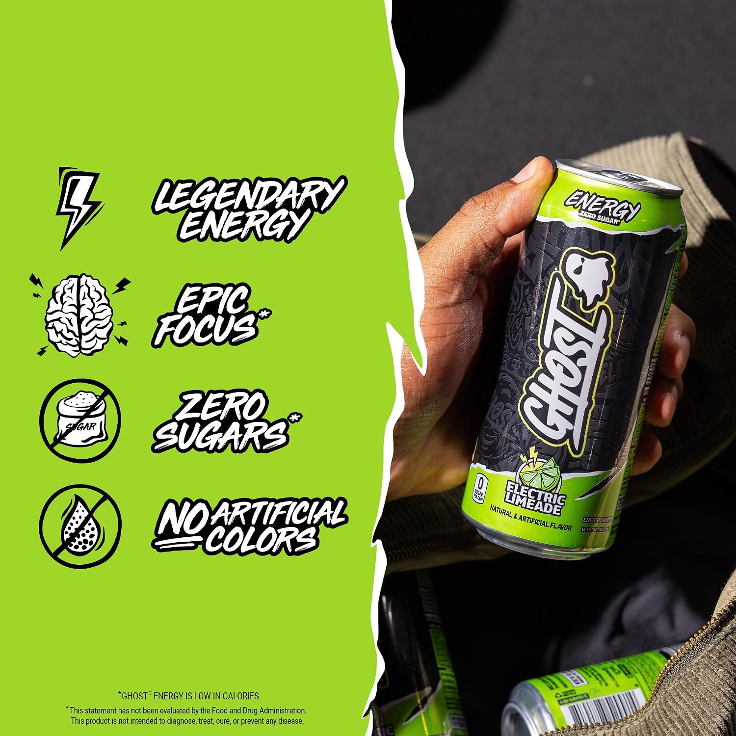 GHOST Energy Drink, Zero Sugars, 12-Pack, Electric Limeade, 16oz