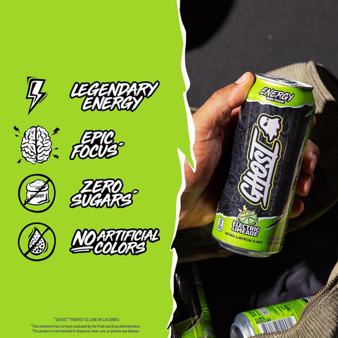 GHOST Energy Drink, Zero Sugars, 12-Pack, Electric Limeade, 16oz