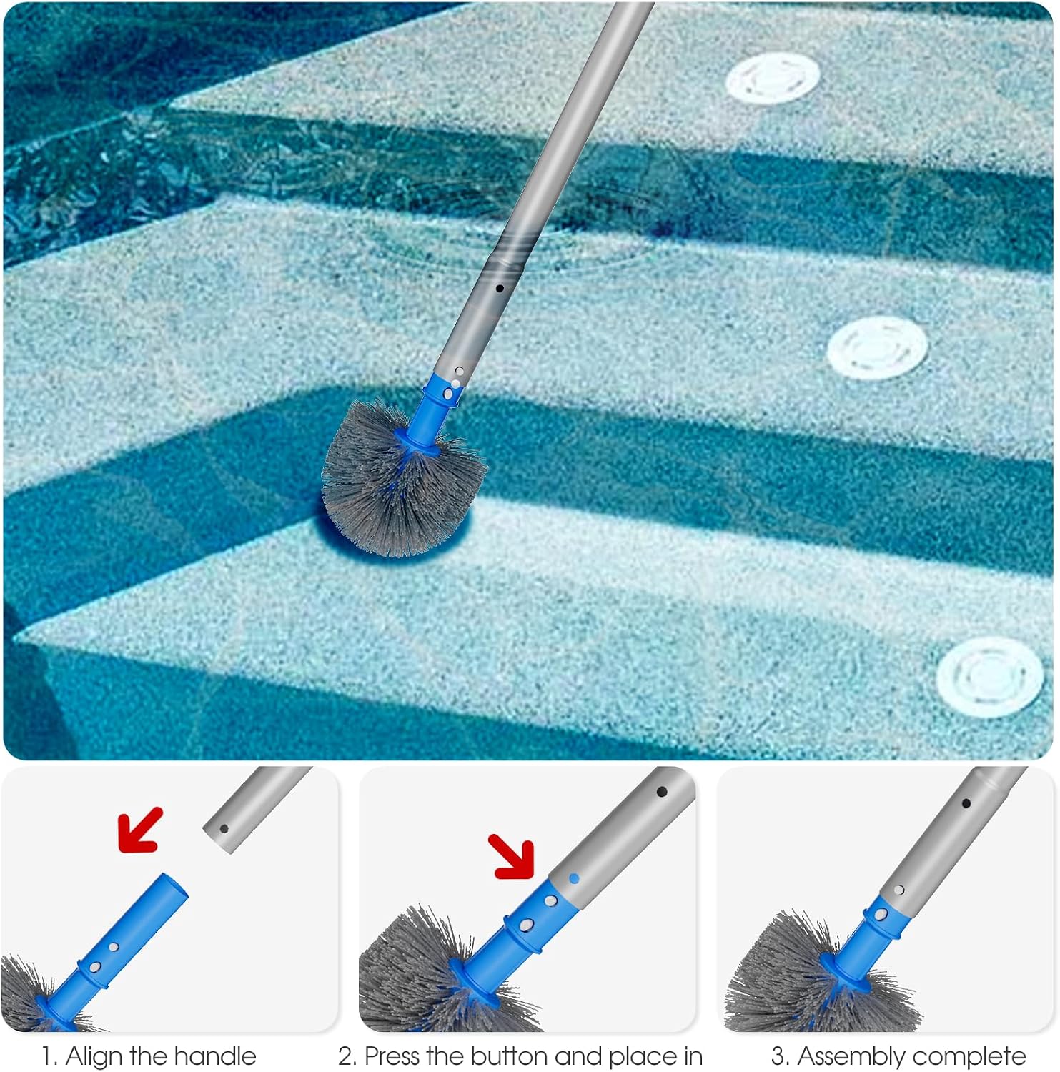 TidyMister Small Pool Brush Head for Cleaning Narrow Corners Steps, Stiff Wavy Bristles Round Brush Scrubber for Above Ground & Inground Pools, Cobweb Brush