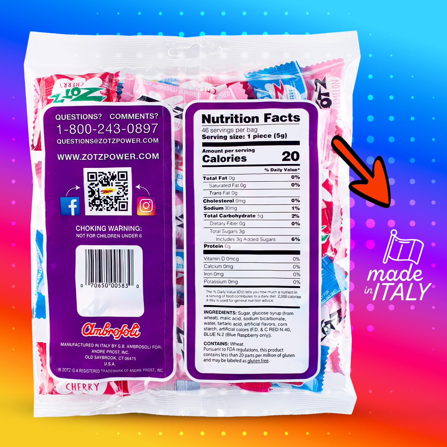 ZOTZ Fizzy Sour Candy Bulk - Retro Italian Hard Candy Individually Wrapped - Classic Nostalgic 3 Assorted Flavors Cherry, Watermelon & Blue Raspberry, 46 pieces Bag for Party Favors, Goodie Bags, Piñata & Candy Buffet