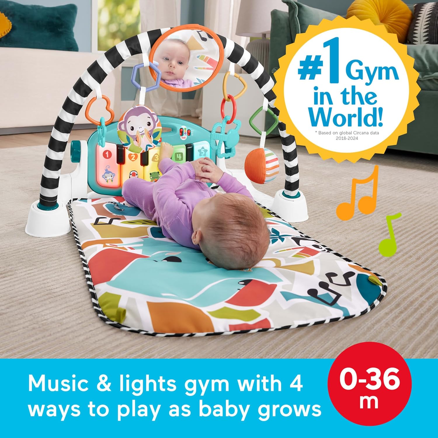 Fisher-Price Baby Playmat Glow and Grow Kick & Play Piano Gym, Blue Musical Learning Toy with Developmental Activities for Newborns 0+ Months