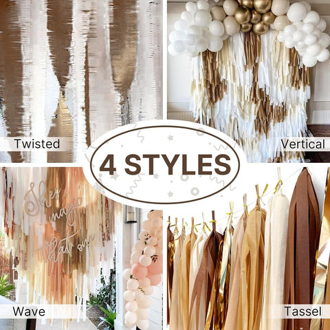 PartyWoo Brown Crepe Paper 10pcs 820 FT Boho Neutral White Streamers