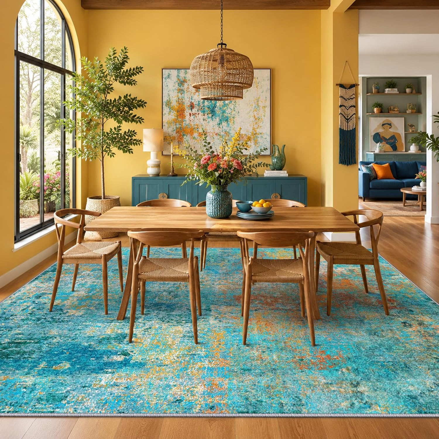 RELEANY Washable 8'x10' Abstract Area Rug for Living Room Teal Multi