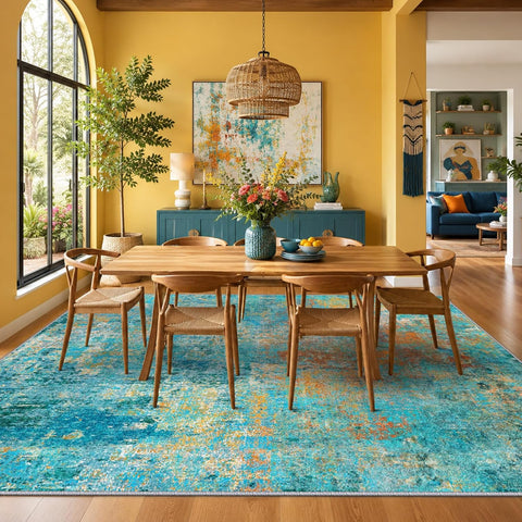 RELEANY Washable 8'x10' Abstract Area Rug for Living Room Teal Multi