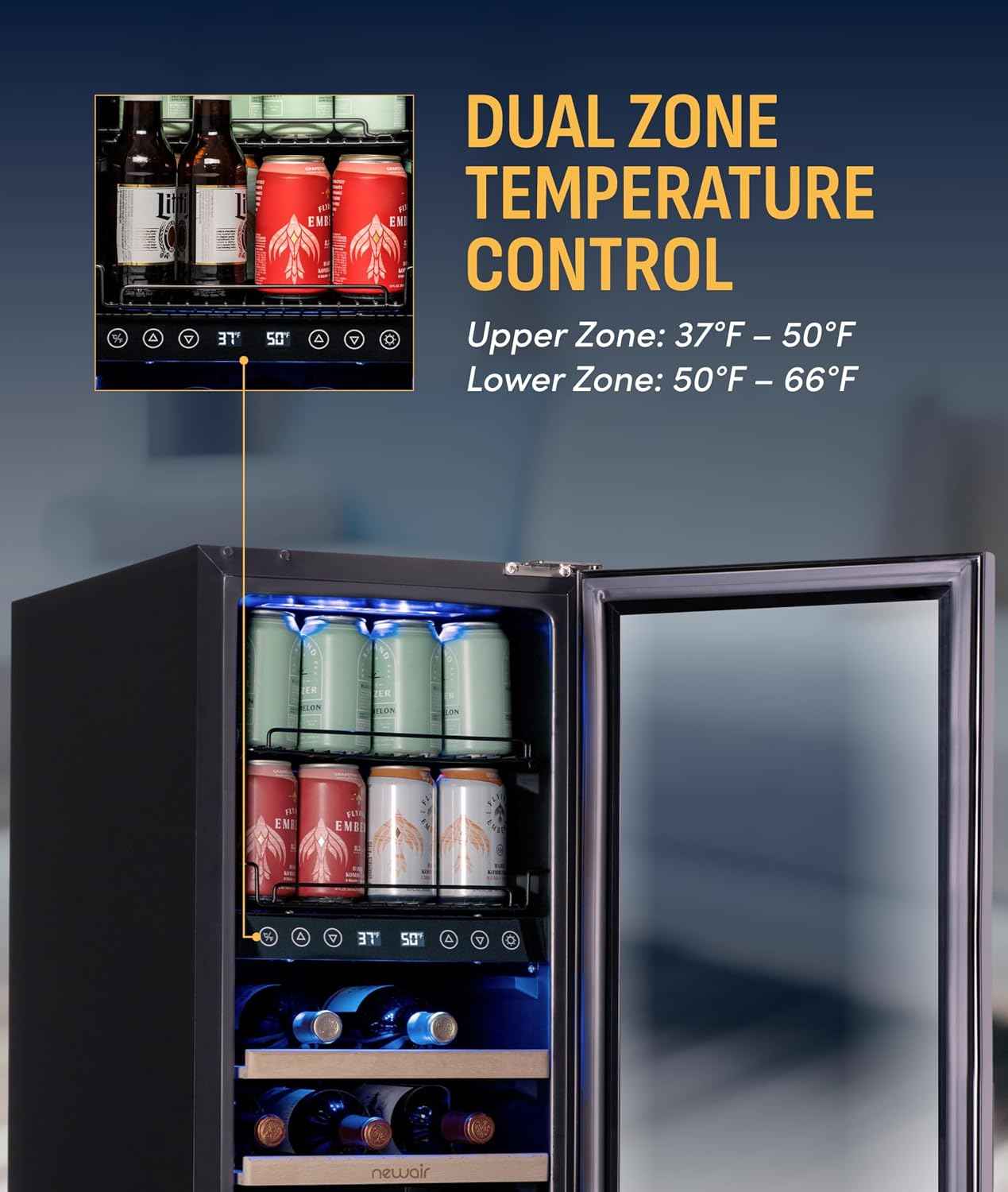 NewAir 15" Wine and Beverage Refrigerator 9 Bottle and 48 Can Capacity, Beverage Cooler in Stainless Steel, Built-in or Freestanding Dual Zone Drink Fridge with Triple-Pane Glass Door