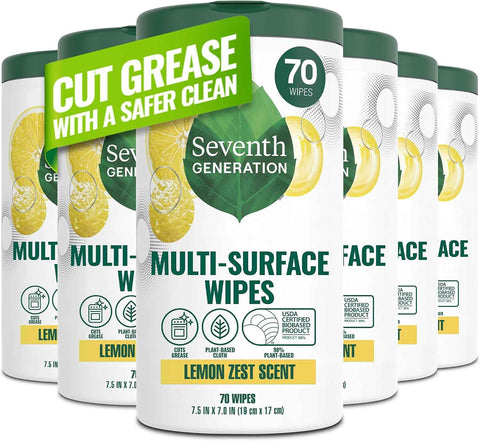 Seventh Generation Multi Surface Wipes All Purpose Cleaning Lemon Zest scent with 100% Essential Oils and Botanical Ingredients 70 count, Pack of 6