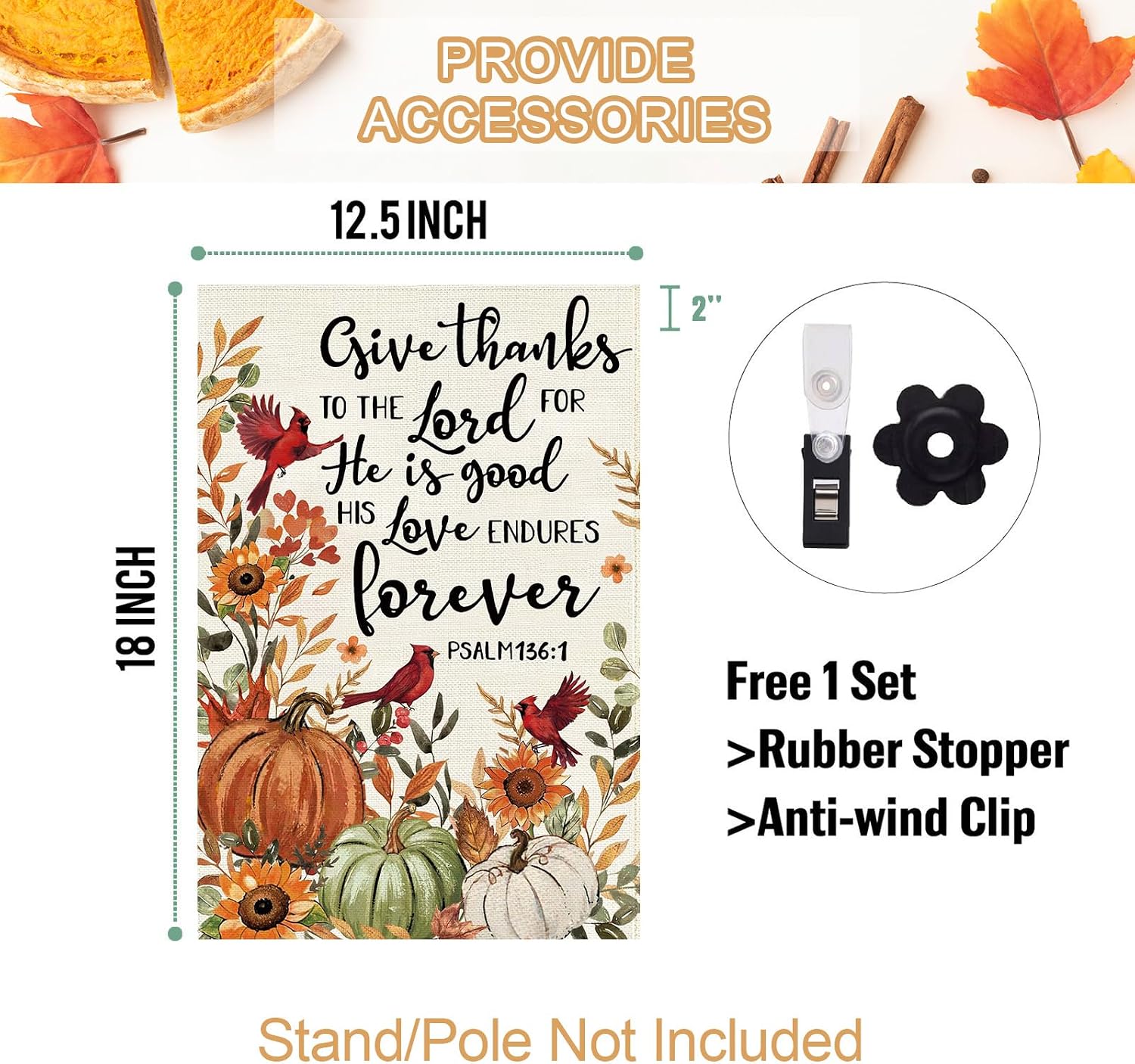 Baccessor Fall Pumpkin Garden Flag Double Sided 12.5x18 Inch, Autumn Thanksgiving Cardinal Give Thanks to The Lord Flag Seasonal Farmhouse Holiday Yard Outdoor Outside Decoration