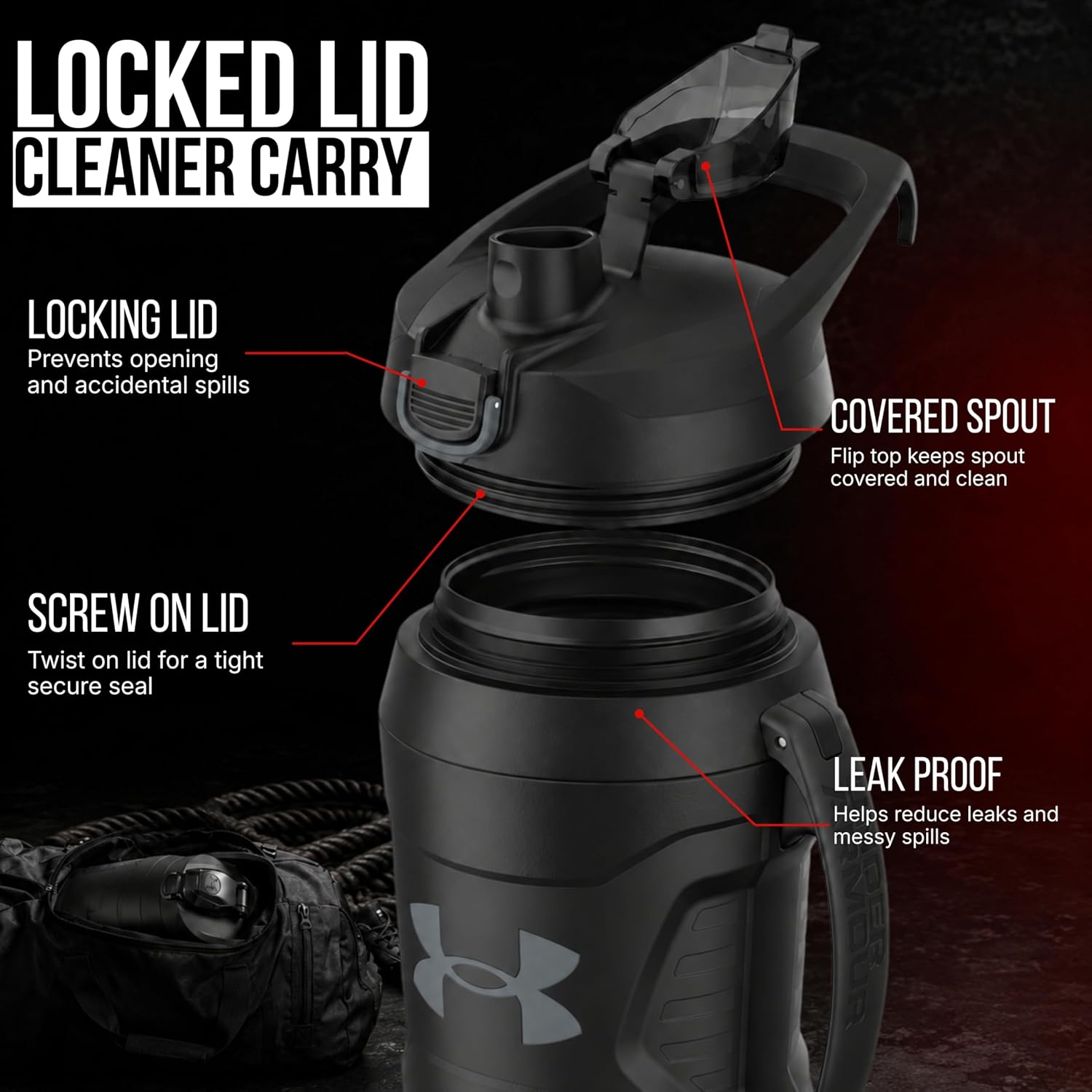 Under Armour Insulated Water Bottle with Handle & Fence Hook, Half Gallon Sports Water Jug, Leak-Resistant & BPA-Free for Baseball, Football & Gym - Black/Black, 64oz
