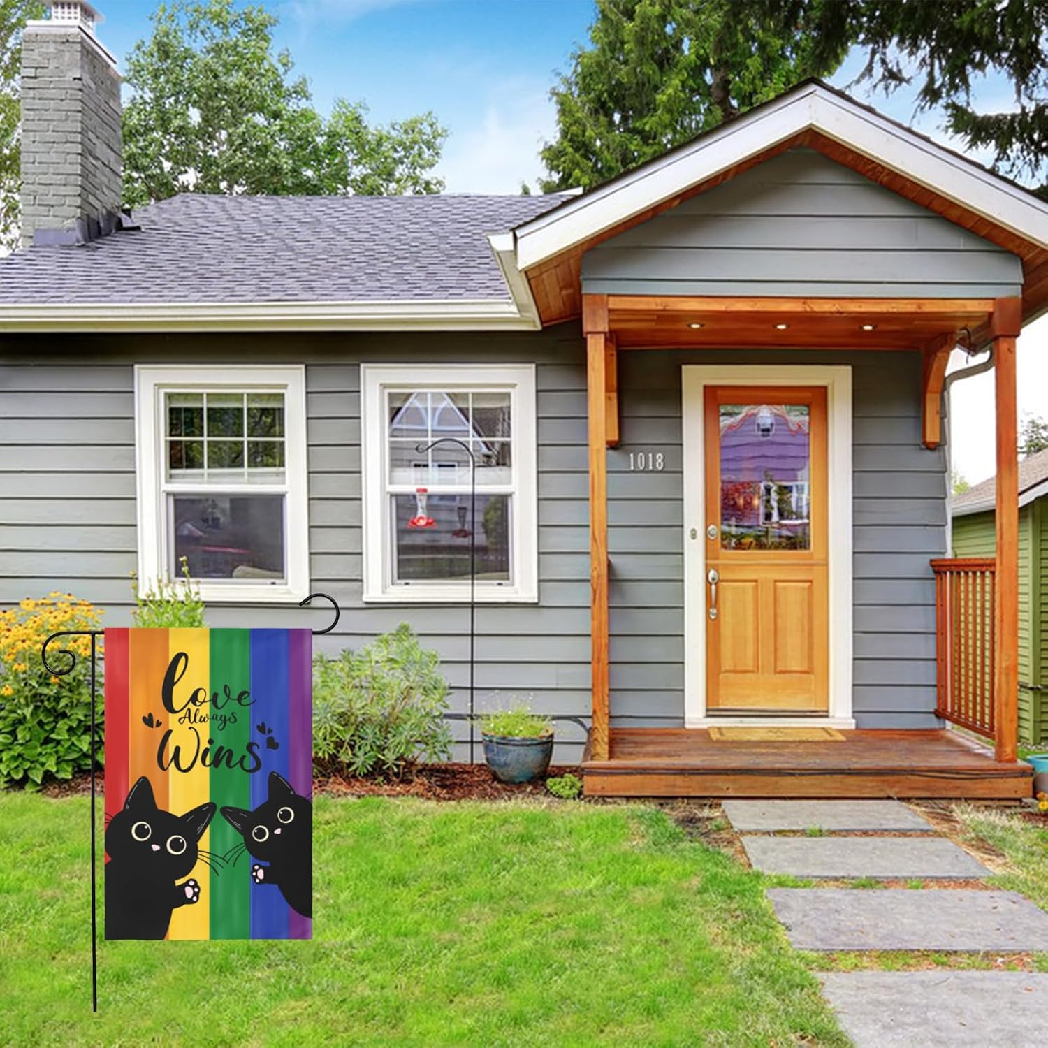 Pride Love Always Wins Garden Flags 12x18 Double Sided Rainbow Gay Lesbian Small Flags for Outside LGBT Pansexual Black Cat Decorations Yard Flags for Outdoor Lawn