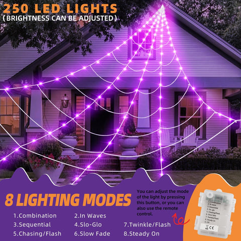 250 LED Halloween Spider Web Light, 200" Large Light Up Spider Web
