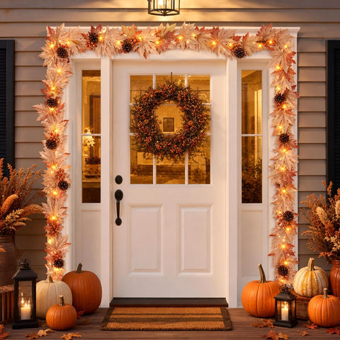 Fall Decorations for Home 9FT Fall Garlands with Lights Large Fall Maple Leaves with Berries and Pinecones Plug in 50 Warm Incandescent Bulbs for Indoor Outdoor Autumn Halloween Harvest Decorations