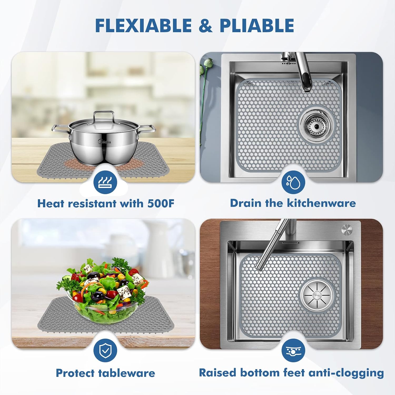 2 Pack Silicone Sink Protectors for Kitchen Sink -13.58"x11.6" Rear Drain