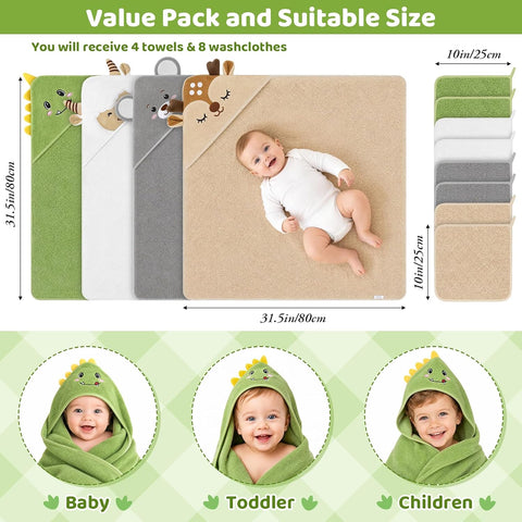 12 PCS Baby Bath Towels Set for Infants Toddlers Essentials (Deep Green, White, Grey, Brown)