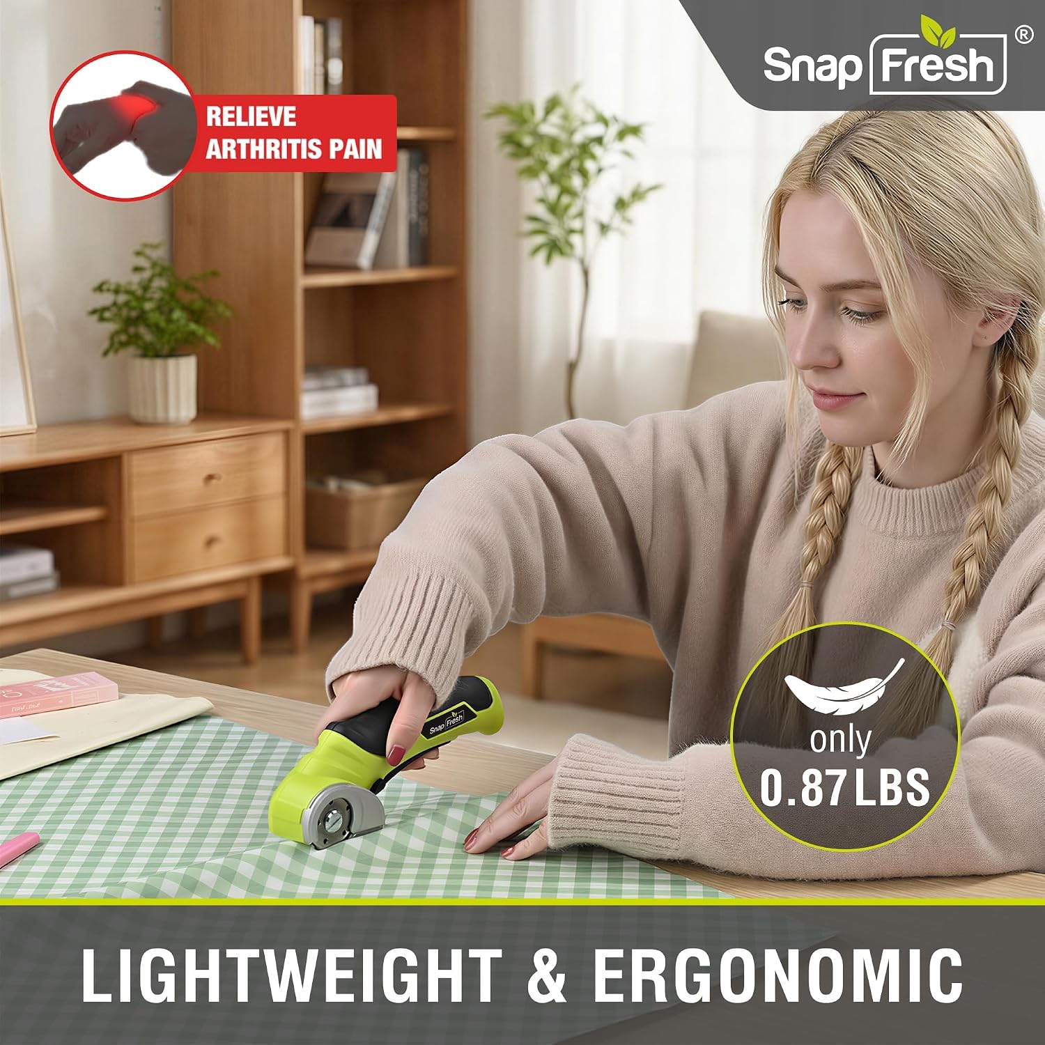 SnapFresh Cordless Electric Scissors, 4V Electric Mini Box Cutter, Carpet & Cardboard Cutter Tool with a Replacement Blade/Charger, Rotary Cutter for Cardboard Packages Leather Plastic （Green）