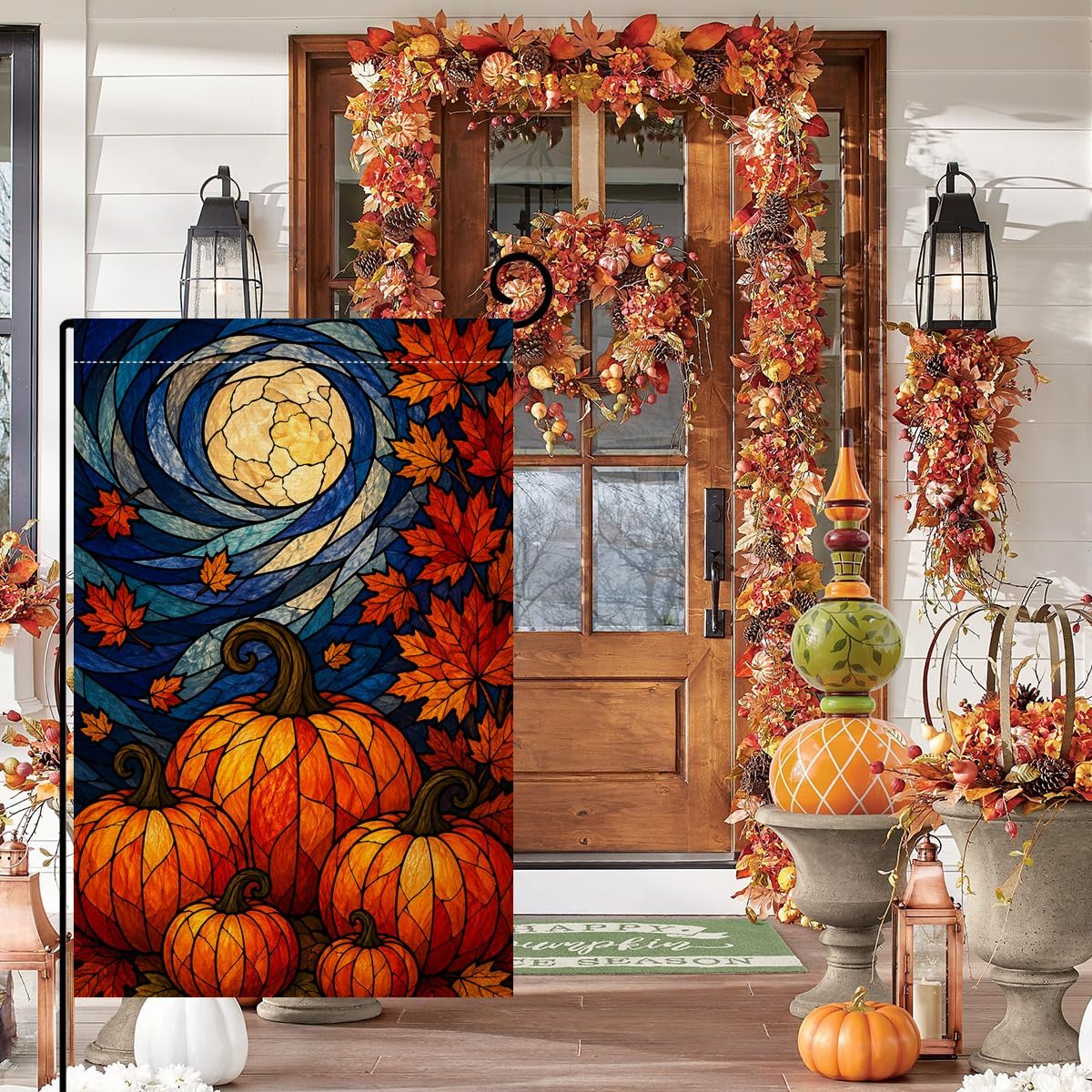 Fall Pumpkin Garden Flag 12x18 Stained Glass Yard Decor