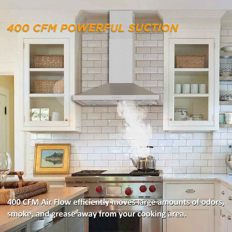FIREGAS Wall Mount Range Hood 30 inch, 400 CFM Stainless Steel Stove Vent Hood with 3 Speed Exhaust Fan, Ducted/Ductless Convertible Duct kitchen hood, LED Lights, Push Button, Charcoal Filters