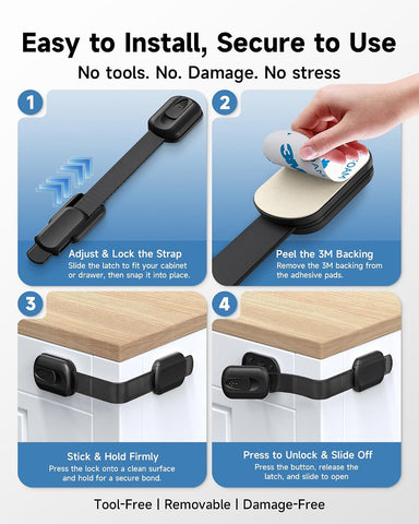 Infinno 12 Pack Cabinet Locks Baby Proofing Heavy Duty - Child Safety Cabinet Locks for Drawers, Cupboards & Fridge – No Drill 3M Adhesive Locks for Pets - Toddler Safety Latches-Black