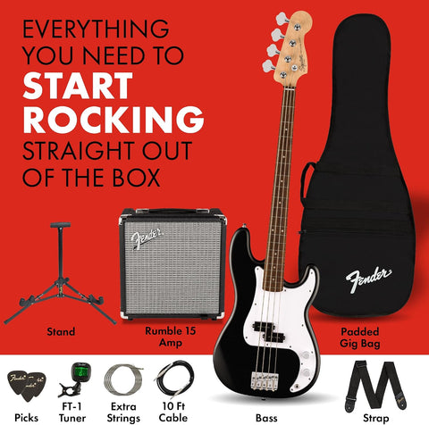 Fender Squier Debut Series Beginner Precision Bass Guitar Kit w/Amp, Black