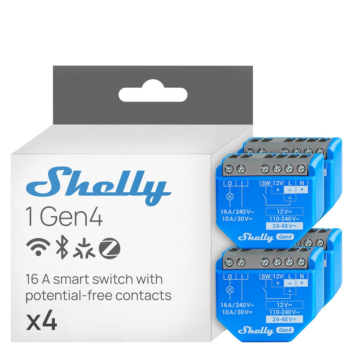 Shelly 1 Gen4, Smart Wi-Fi & Matter Relay Switch with Dry Contacts, 4 Pack