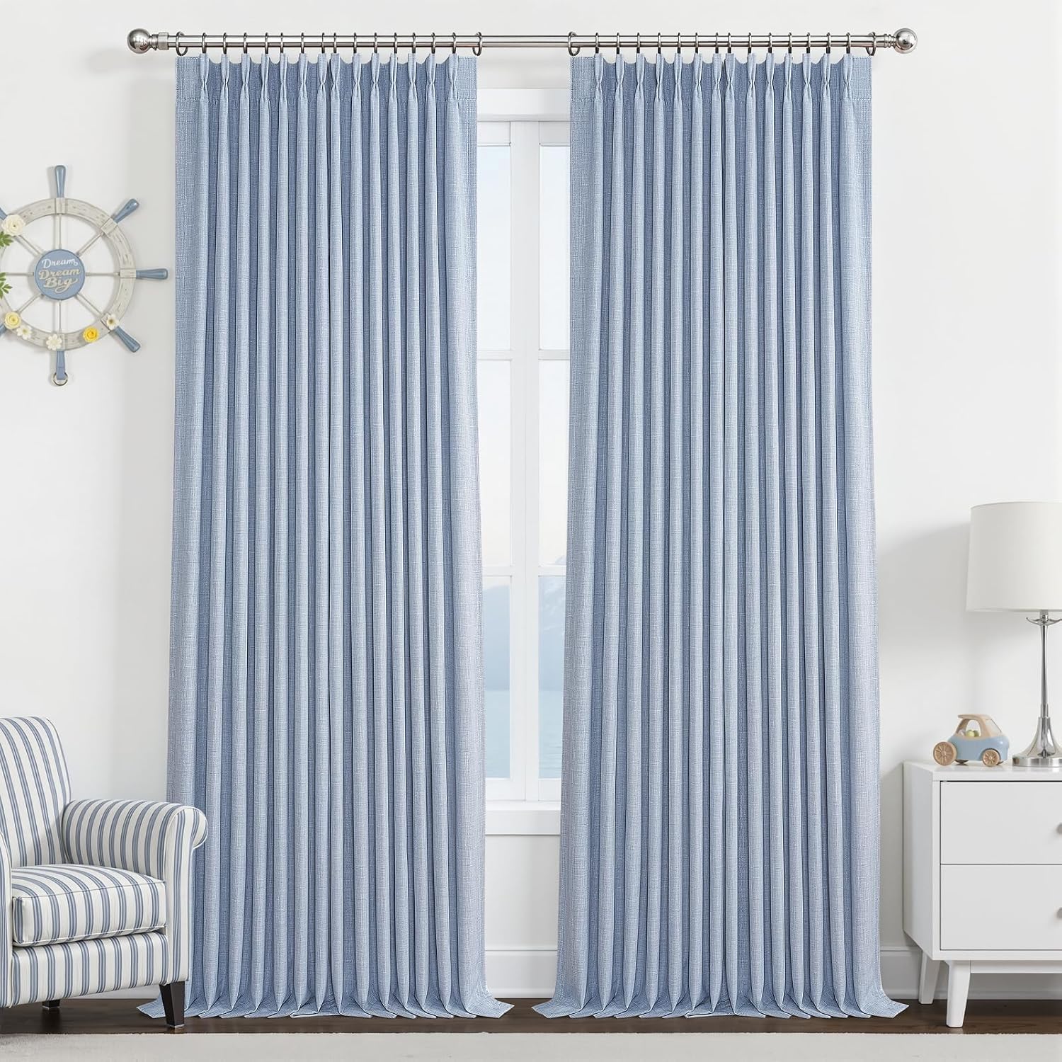 Custom Pale Blue 102 Inch Blackout Curtains for Office 2 Panels Set, Memory Shape Pinch Pleated Thermal Sound Dampening Two Layer Linen Light-Blue Energy Efficient Large Windows Drapes 8-1/2 FT Length