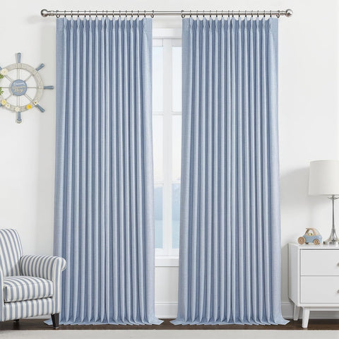 Custom Pale Blue 102 Inch Blackout Curtains for Office 2 Panels Set, Memory Shape Pinch Pleated Thermal Sound Dampening Two Layer Linen Light-Blue Energy Efficient Large Windows Drapes 8-1/2 FT Length