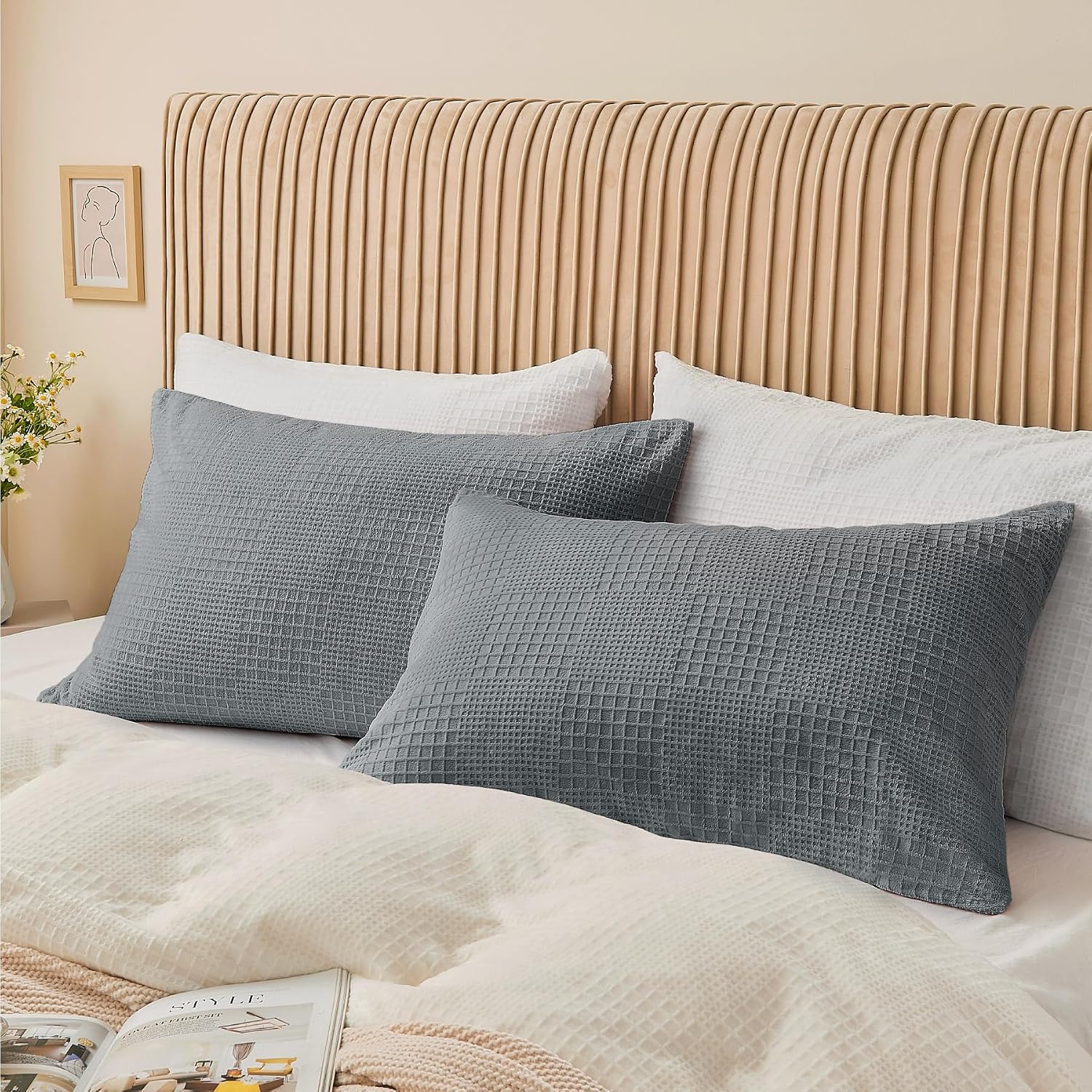 BEDELITE Flannel Pillowcases Standard Set of 2, Grey-Waffle, 20x26 Inches