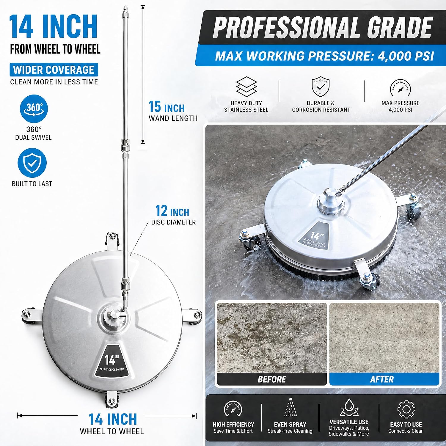 Hourleey 14" Pressure Washer Surface Cleaner, Stainless Steel Surface Cleaner with 4 Wheels for Concrete, Patio, Sidewalk, Deck, Pathway 1/4" Quick Connector, 2 Extension Wand, 4000 PSI